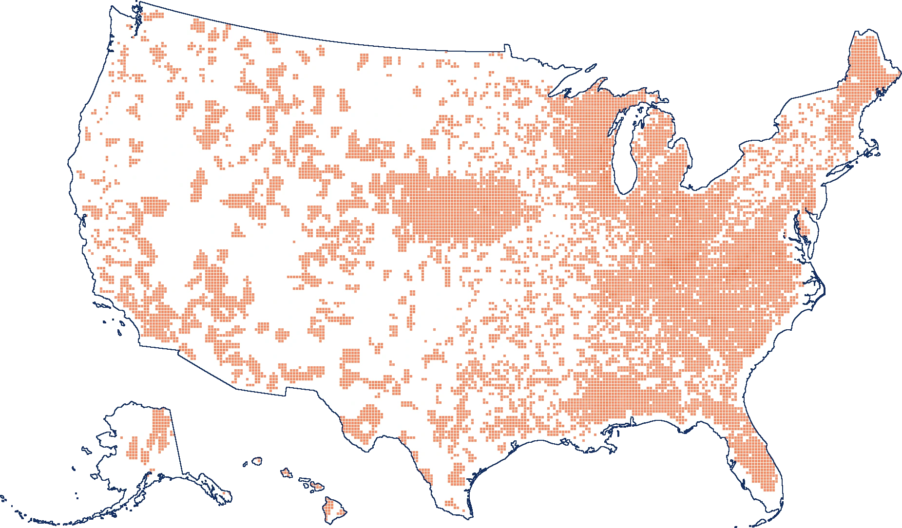 County-level map showing where patients under care in the OncoLens network are concentrated across the United States, with Alaska and Hawaii shown as insets