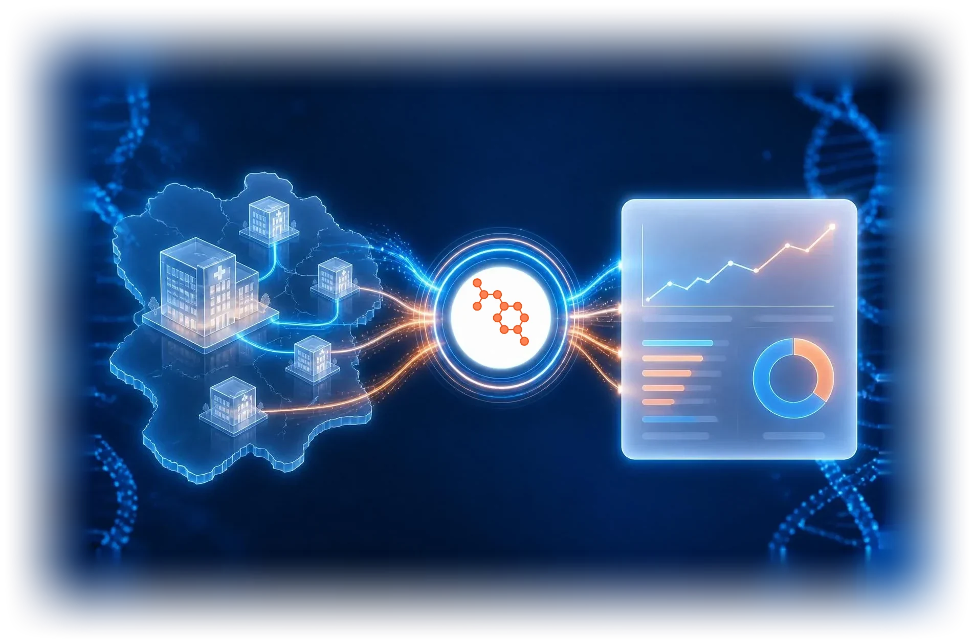 A regional health system of hospital and clinic buildings sends data through the OncoLens hub into a live analytics dashboard
