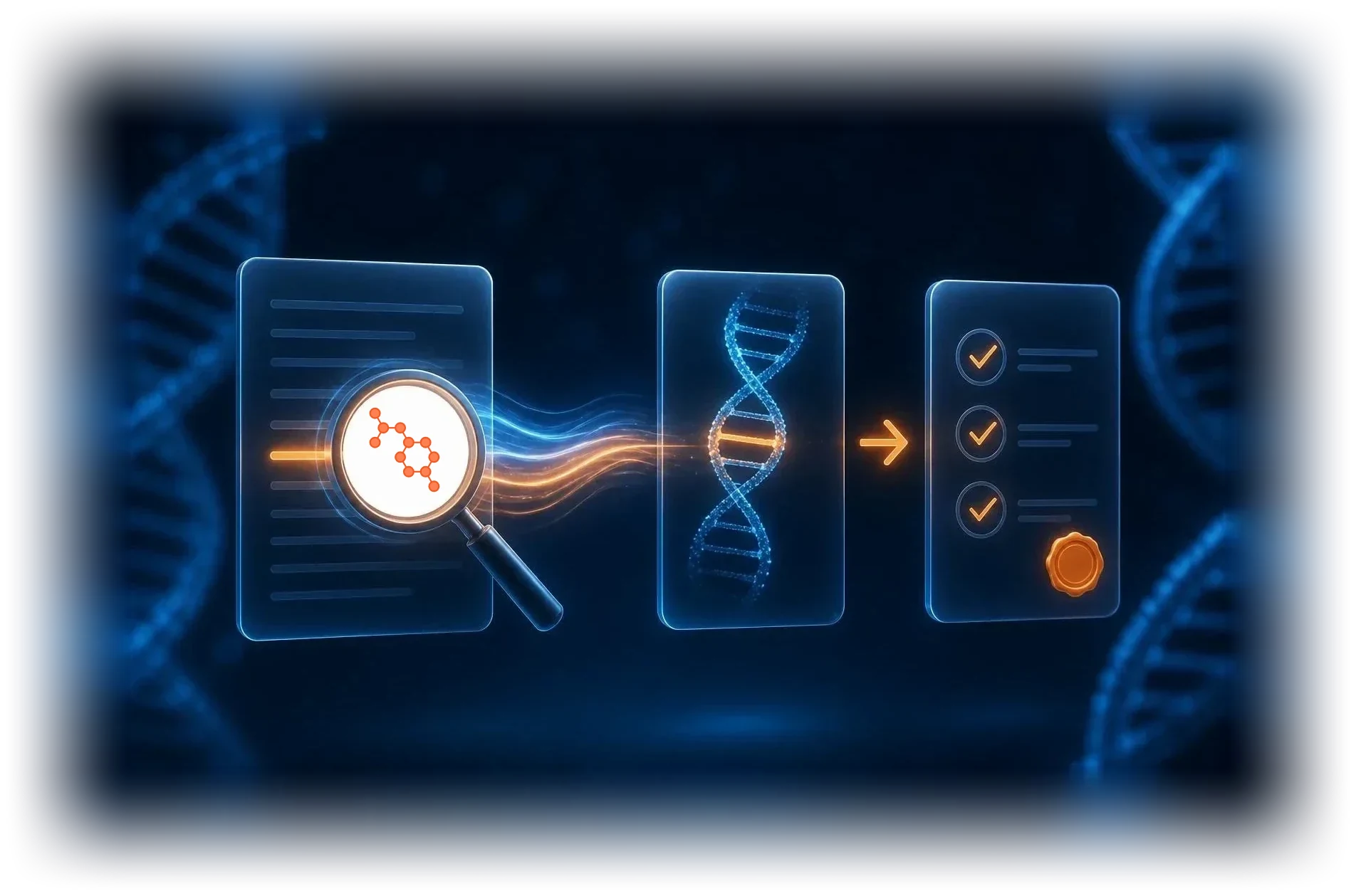 An OncoLens lens over a clinical report finds the biomarker hidden in the record, which leads to a verified clinical trial match